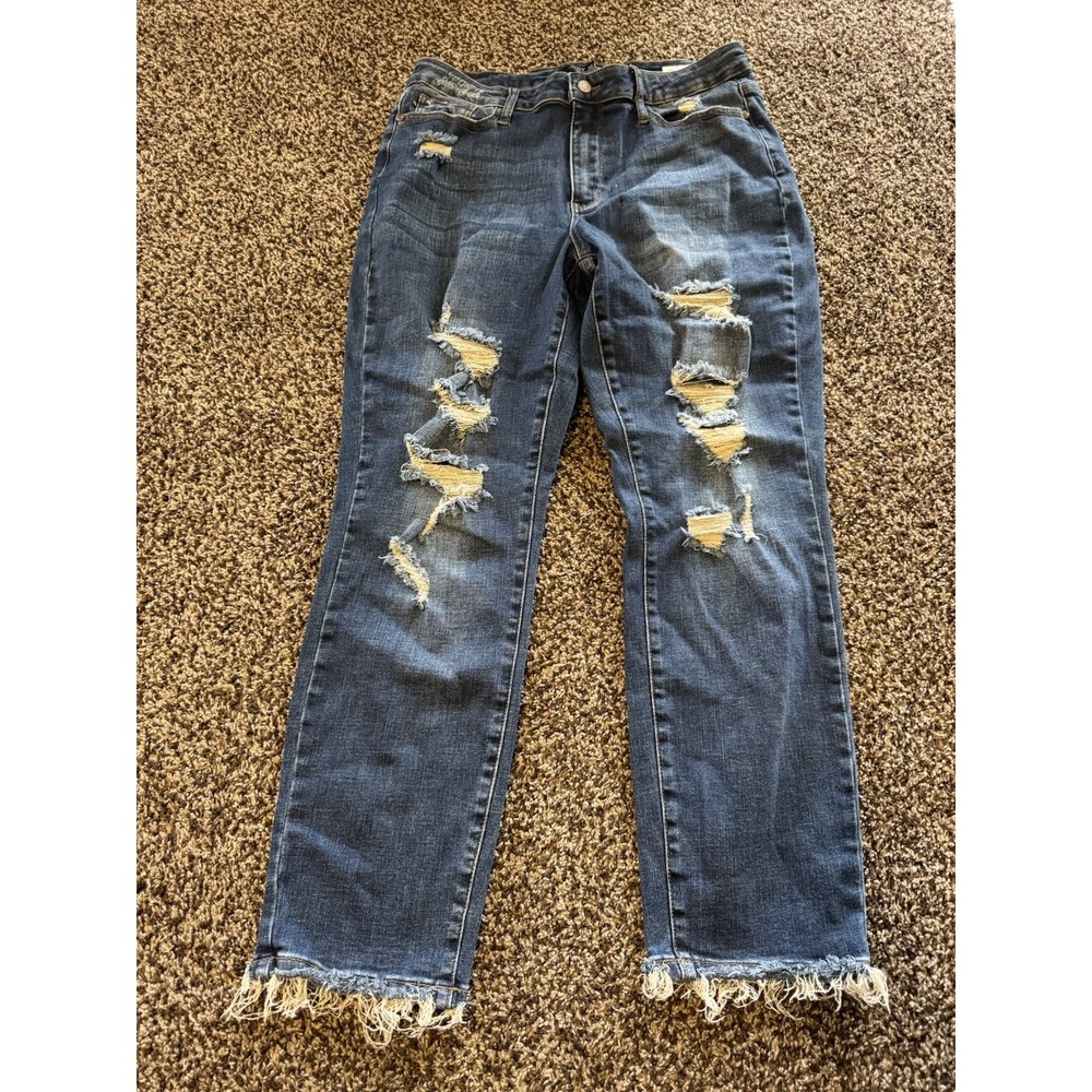 Judy Blue Jeans Womens Blue Denim High Rise Boyfriend Fit Distressed Sz. 13 X 31
